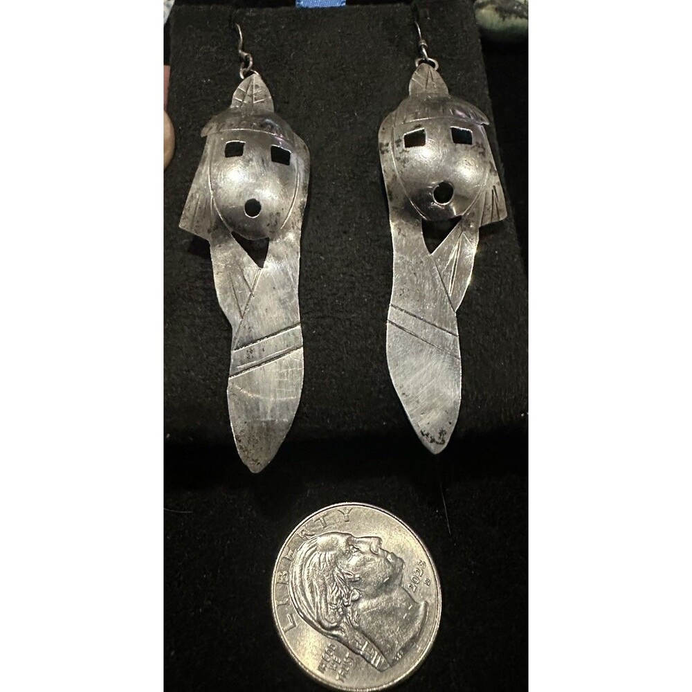 Vintage Navajo Maiden Sterling Silver Kachina Dancer Dangle Hook Earrings Native - Picture 5 of 8